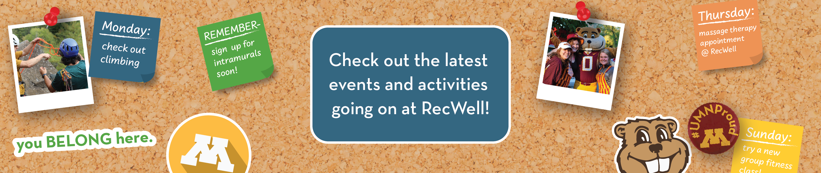 bulletin board graphic with recwell stickers, reminders, and the header "check out the latest events and activities going on at RecWell"